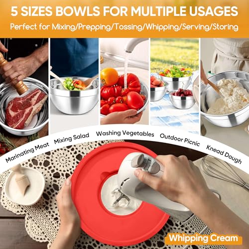 5 Piece Mixing Bowls with Airtight Lids (Red / 4.6, 3.5, 2.5, 2, 1.5QT)