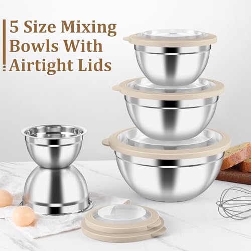 Metal Mixing Bowls with Lids Set (Khaki / Visible Airtight Lids)