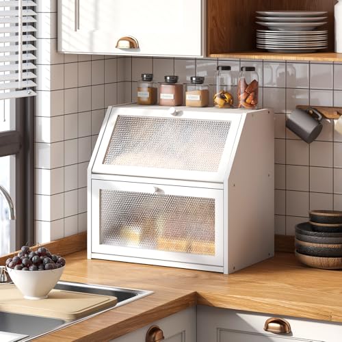 Bread Box for Kitchen Countertop Bin Double Layer Bread Box Storage Container Extra Large Capacity with Diamond Pattern Windows (White / Extra Large)