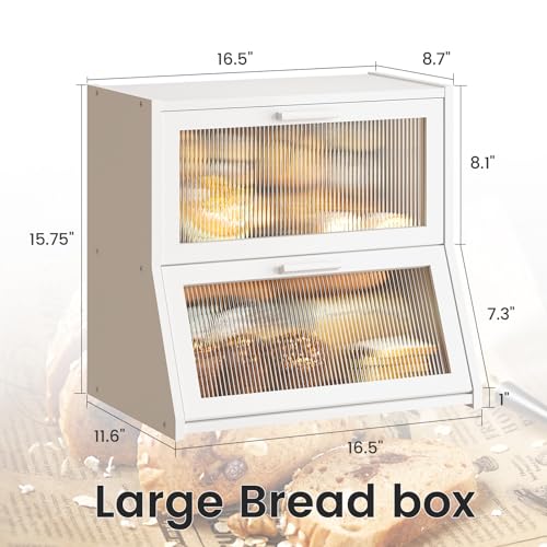 Double Layer Bamboo Bread Box for Kitchen Counter (White / Extra Large)