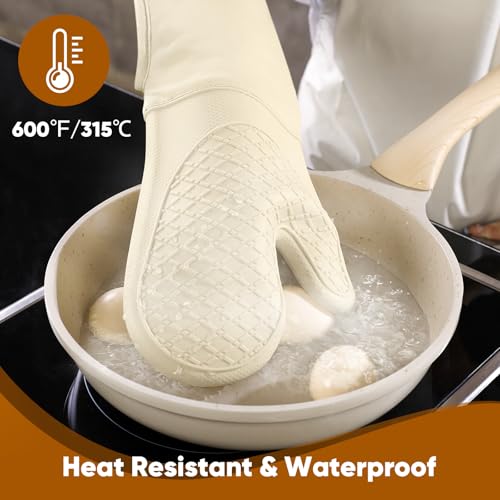 Silicone Oven Mitts Pot Holder Kitchen (Beige)