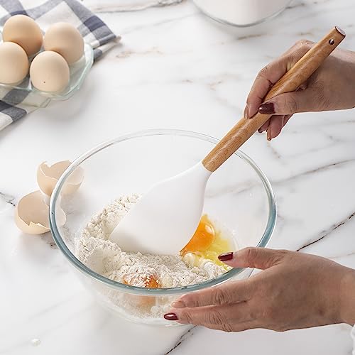 Non Stick Silicone Utensil Set with Rounded Wood Handles for Cooking and Baking (14 Piece Set / White)