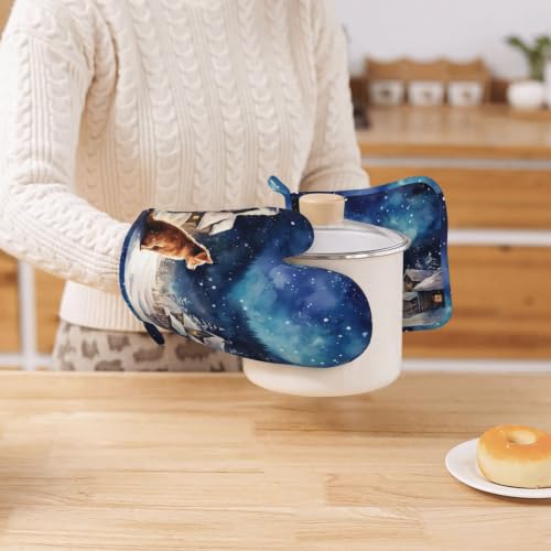 Oven Mitts and Pot Holders Set Winter Dog Christmas Snow Silicone Kitchen Accessories 4 Piece Heat Resistant Long Gloves Potholder Non (C06)