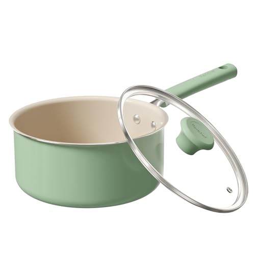 Ceramic Nonstick Saucepan with Lid Cool Handle PFAS Free Compatible with All Cooktops