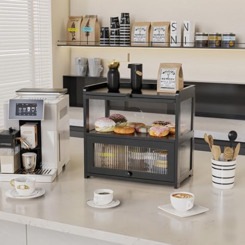 Extra Large Bamboo Bread Box for Kitchen Counter (Black-Flip Doors)