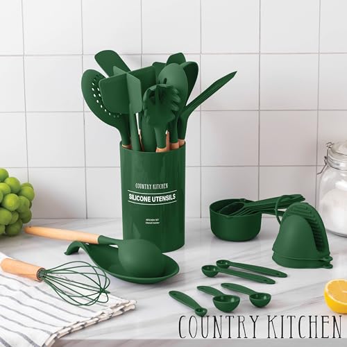 Non Stick Silicone Utensil Set with Rounded Wood Handles for Cooking and Baking (38 Piece Set / Green)