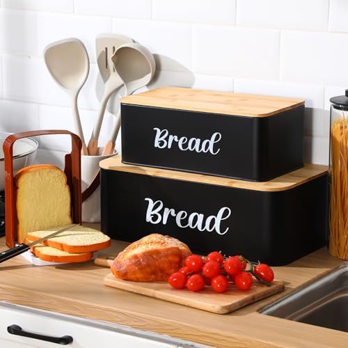 2 Pcs Extra Large Bread Box for Kitchen Counter with Slicer (Black)