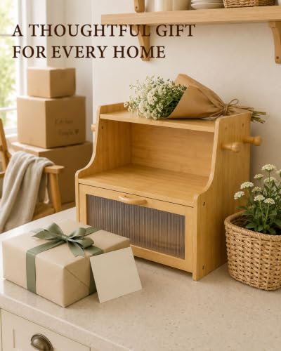 Bread Box for Kitchen Countertop Large Capacity with Shelf Organizer (Natural)