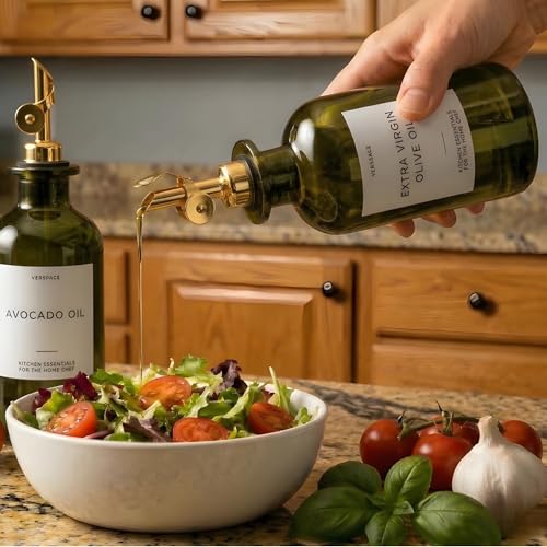 Green Glass Olive Oil Dispenser Bottles For Kitchen (Green/Gold / 12oz)