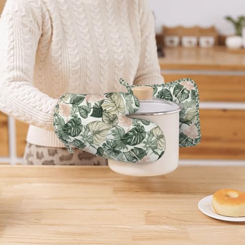 Oven Mitts Pot Holders Set Tropical Leaf Pattern Silicone Kitchen Gloves Potholders Heat Resistant for Chef Baking Cooking Grilling BBQ 4 Pack Mitt (B0119)