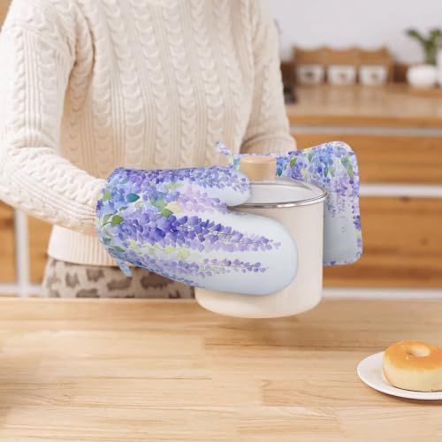 Oven Mitts and Pot Holders Set Lavender Flower Floral Silicone Kitchen Accessories 4 Piece Heat Resistant Long Gloves Potholder Non (C08)