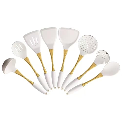 8 Piece Silicone Kitchen Utensil Set (Elegant White & Gold)