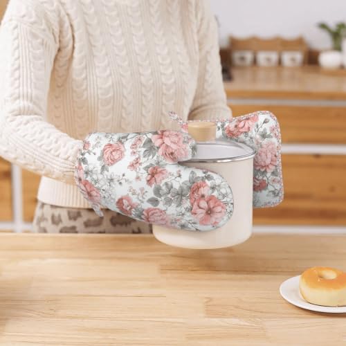 Oven Mitts Pot Holders Set Vintage Flower Silicone Kitchen Gloves Potholders Heat Resistant for Chef Baking Cooking Grilling BBQ 4 Pack Mitt (A0613)