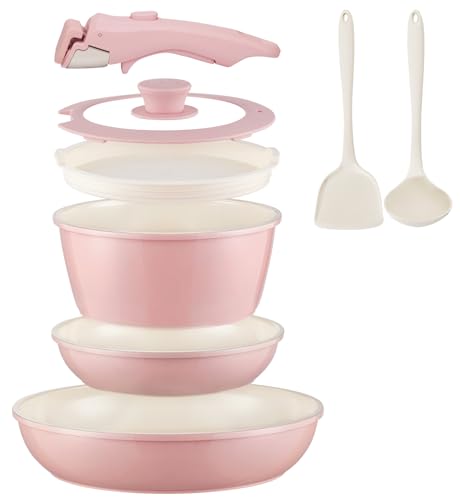 Ceramic Cookware Set Non Stick Pots and Pans Set Detachable Handle Induction Kitchen Cooking Set with Frying Pans Oven Dishwasher Safe