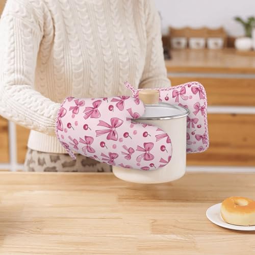 Oven Mitts Pot Holders Set Pink Bow Pattern Cherry Silicone Kitchen Gloves Potholders Heat Resistant for Chef Baking Cooking Grilling BBQ 4 Pack Mitt (B021)