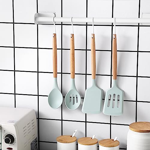 Non Stick Silicone Utensil Set with Rounded Wood Handles for Cooking and Baking (14 Piece Set / Mint)