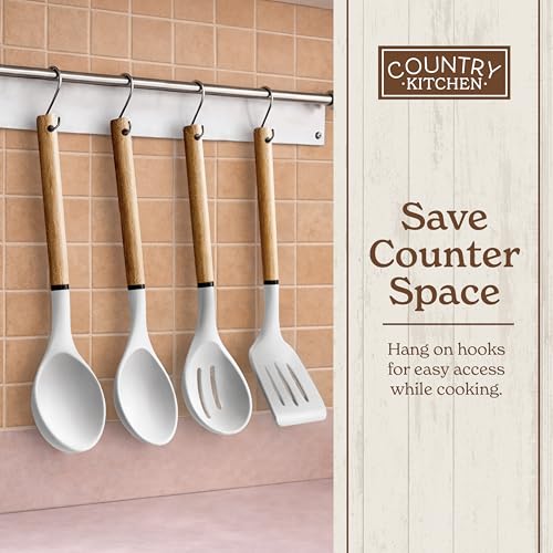 Non Stick Silicone Utensil Set with Rounded Wood Handles for Cooking and Baking (8 Piece Set / White)