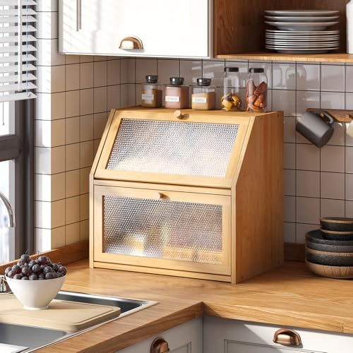 Bread Box for Kitchen Countertop Bin Double Layer Bread Box Storage Container Extra Large Capacity with Diamond Pattern Windows (Natural / Extra Large)