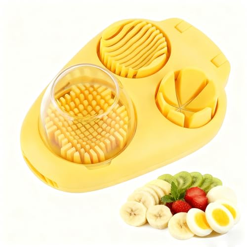 3-In-1egg Slicer For Hard Boiled Eggs,Stainless Heavy Duty Steel Egg Slicer Kitchen Gadget, Fit Strawberry,Apple,Banana,Cherry,Tomato,yellow