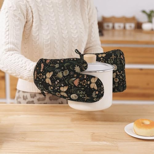 Oven Mitts Pot Holders Set Vintage Butterfly Moon Flower Silicone Kitchen Gloves Potholders Heat Resistant for Chef Baking Cooking Grilling BBQ 4 Pack Mitt (B015)