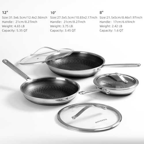 8/10/12 Inch 3-Piece Honeycomb Skillet Set with Glass Lids, Stainless Steel Nonstick Pans, Stay-Cool Handles, PFOA PFOS Free, Induction, Oven Safe 437°F (225°C) All Stoves (8/10/12inch with lid)