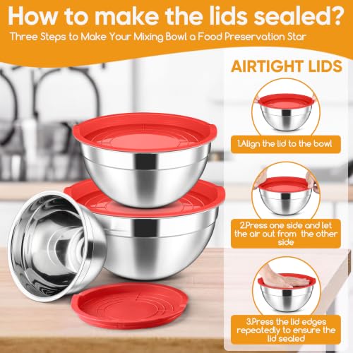 Stainless Steel Mixing Bowls with Lids Set of 3 (Red / 4.6, 3, 1.5QT)