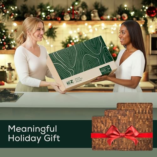 Medium (M) Teak End Grain Cutting Board, Reversible, Knife-Friendly Charcuterie Wood Cutting Board with Juice Groove & Handles, Non-Toxic, Gift Box Included (7" x 13" x 1.5") (M - Teak End Gain / 17"L x 13"W)
