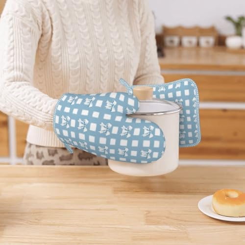 Oven Mitts and Pot Holders Set Blue Check Bows Silicone Kitchen Accessories 4 Piece Heat Resistant Long Gloves Potholder Non (C07)