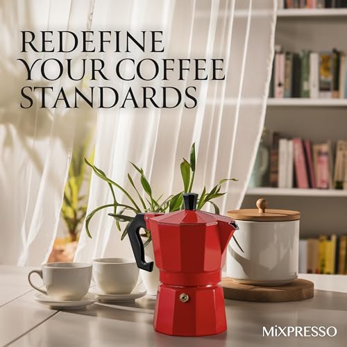 3 Cup Moka Pot Stovetop Espresso Maker (Red / 3 Espresso Cups with Mug)