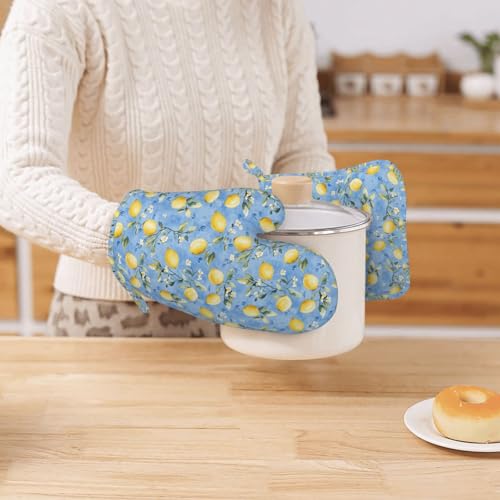 Oven Mitts Pot Holders Set Watercolor Lemon Flower Blue Silicone Kitchen Gloves Potholders Heat Resistant for Chef Baking Cooking Grilling BBQ 4 Pack Mitt (B016)