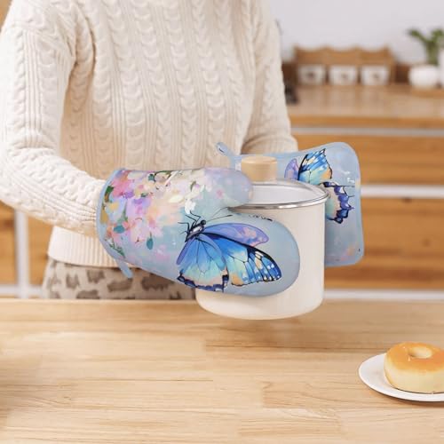 Oven Mitts Pot Holders Set Butterfly Flower Oil Painting Silicone Kitchen Gloves Potholders Heat Resistant for Chef Baking Cooking Grilling BBQ 4 Pack Mitt (C011)