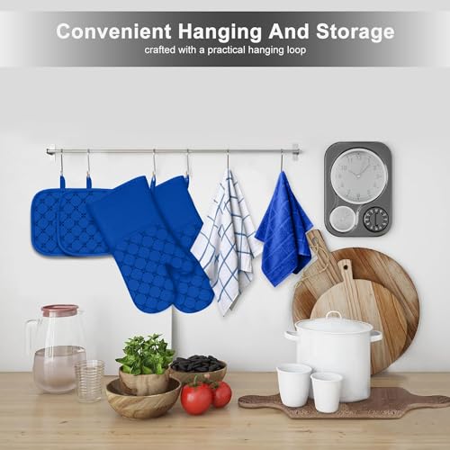 Oven Mitts Kitchen Towels Dishcloths with Pot Holders Sets (Royal Blue)