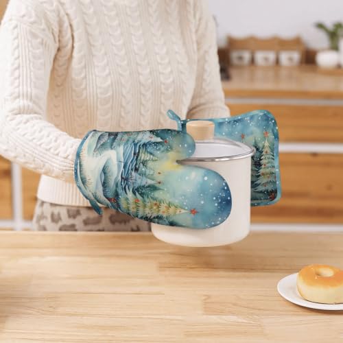 Oven Mitts and Pot Holders Set Christmas Tree Watercolor Winter Forest Silicone Kitchen Accessories 4 Piece Heat Resistant Long Gloves Potholder Non (C05)