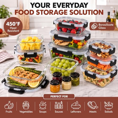 40 PC Borosilicate Glass Food Storage Containers with Airtight Lids (Black)