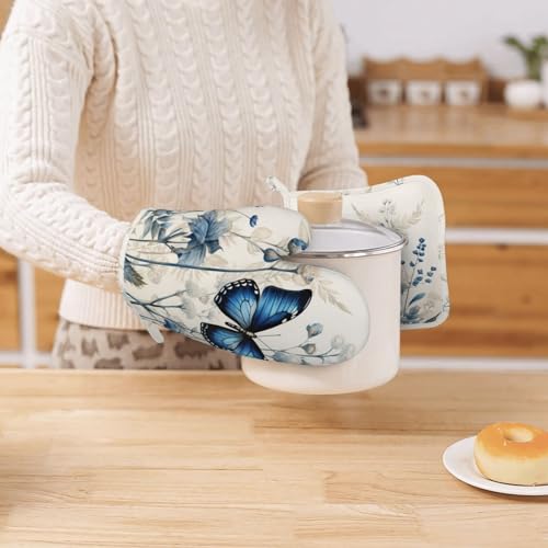 Oven Mitts and Pot Holders Butterfly Blue Flower Boho Silicone Kitchen Accessories Set of 4 Heat Resistant Long Gloves Potholder Non (A064)