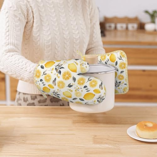 Oven Mitts Pot Holders Set Lemon Watercolor Fruit Silicone Kitchen Gloves Potholders Heat Resistant for Chef Baking Cooking Grilling BBQ 4 Pack Mitt (B0117)