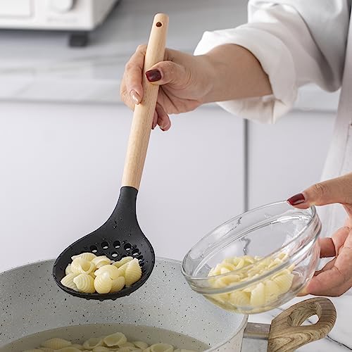 Non Stick Silicone Utensil Set with Rounded Wood Handles for Cooking and Baking (14 Piece Set / Black)