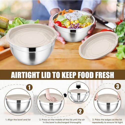 Metal Mixing Bowls with Lids Set (Khaki / Airtight Lids)