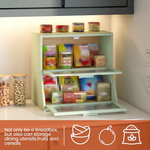 Double Layer Bamboo Bread Box for Kitchen Counter (Light Green / Extra Large)