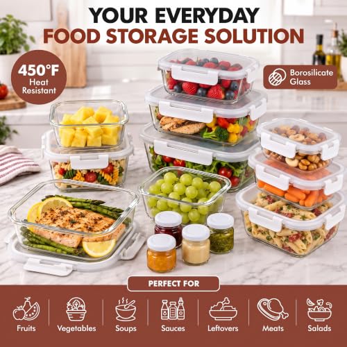 40 PC Set Leakproof Glass Food Storage Containers with BPA Free Lids (White)