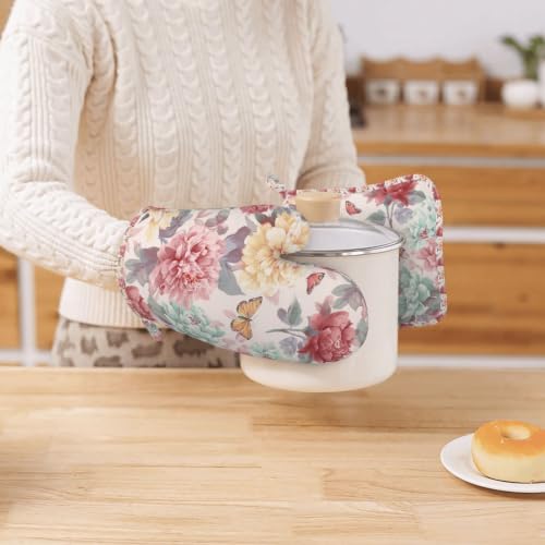Oven Mitts and Pot Holders Set Peony Flower Butterfly Silicone Kitchen Accessories 4 Piece Heat Resistant Long Gloves Potholder Non (C10)