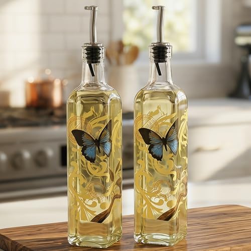 Olive Oil Bottle Set Glass Dispenser Vinegar Cruet with Stainless Steel Leak Proof Pourer Spout 17oz