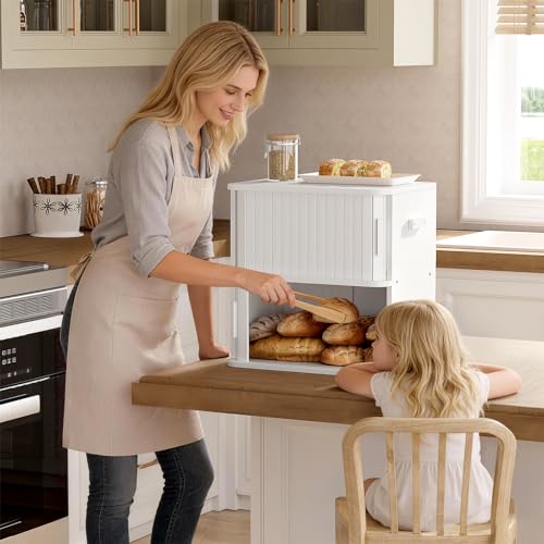 2 Tier Roll Top Bread Box for Kitchen Countertop Storage Cabinet (White / Extra Large)