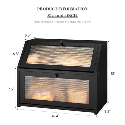 Bread Box for Kitchen Countertop Bin Double Layer Bread Box Storage Container Extra Large Capacity Farmhouse with Diamond Pattern Windows (Black / Large)