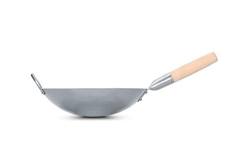 Traditional Hand Hammered Carbon Steel Pow Wok with Wooden and Steel Helper Handle