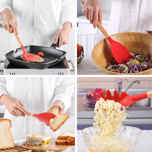 Kitchen Cooking Utensils Set 6Pcs Heat Resistant Silicone Kitchen Utensils Spatula Spoon Turner Ladle w Wooden Handle (Standard 6-Piece Set / Red)