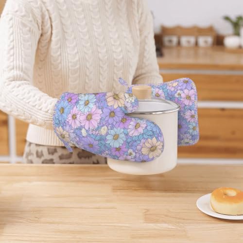 Oven Mitts Pot Holders Set Daisy Flower Pastel Color Silicone Kitchen Gloves Potholders Heat Resistant for Chef Baking Cooking Grilling BBQ 4 Pack Mitt (A0611)