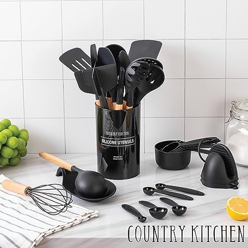 Non Stick Silicone Utensil Set with Rounded Wood Handles for Cooking and Baking (38 Piece Set / Black)