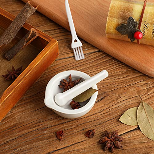 2 Sets Mini Porcelain Mortar and Pestle Set Porcelain Herb Grinder Crusher Grinding Bowl Kitchen Mixing Grinding Bowl with 2 Pieces Brushes for Seasonings