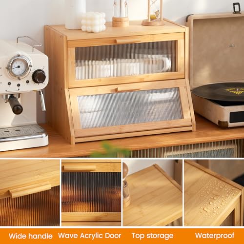 Double Layer Bamboo Bread Box for Kitchen Counter (Natural / Medium)